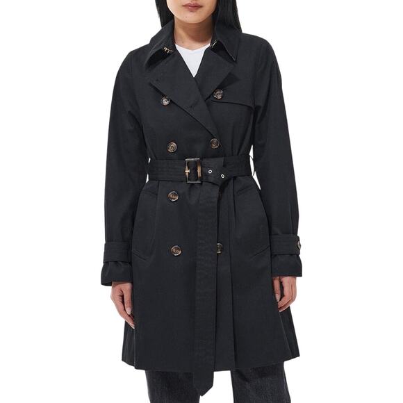 Barbour NWT Greta Belted Water Resistant Twill Trench Coat in Black Size 14 - Picture 1 of 14